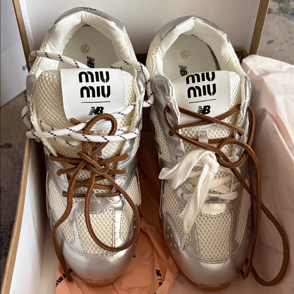 Miu Miu Silver and White Athletic Shoes